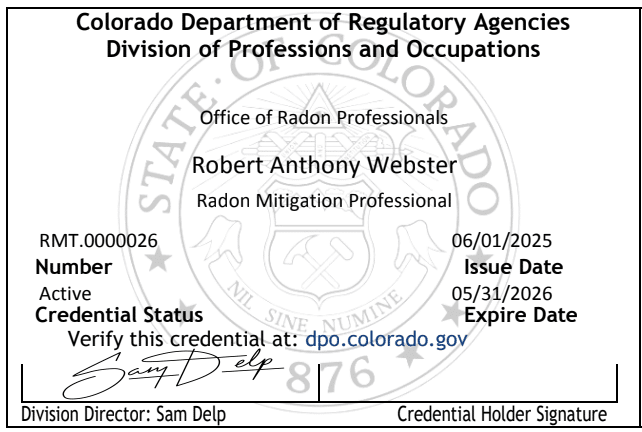 Colorado Department of Regulatory Agencies Division of Professionals and Occupations Certificate